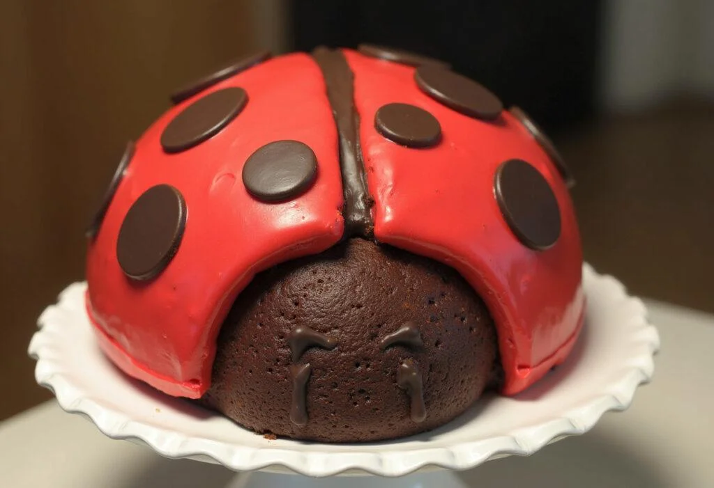 Fertiger Marienkäfer-Schokokuchen mit roter Glasur und Schokoladenpunkten, servierfertig auf einem Kuchenständer.