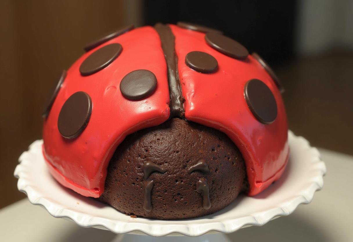 Fertiger Marienkäfer-Schokokuchen mit roter Glasur und Schokoladenpunkten, servierfertig auf einem Kuchenständer.