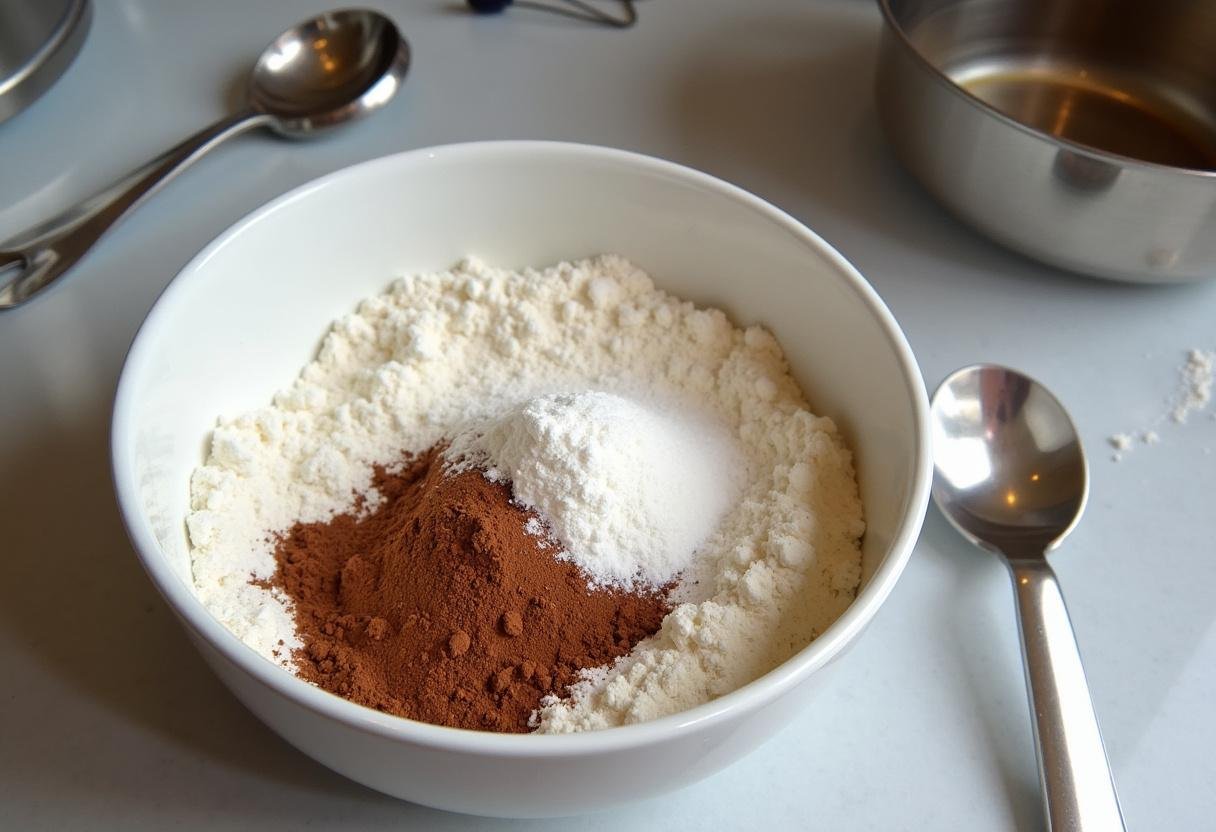 Zutaten für Marienkäfer-Schokokuchen: Mehl, Zucker und Kakaopulver in einer Schüssel.