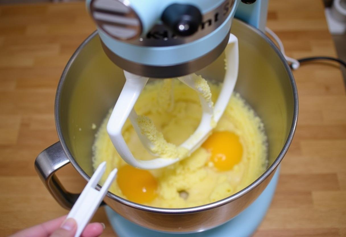 Butter und Zucker werden in einer Küchenmaschine für den Marienkäfer-Schokokuchen cremig gerührt.