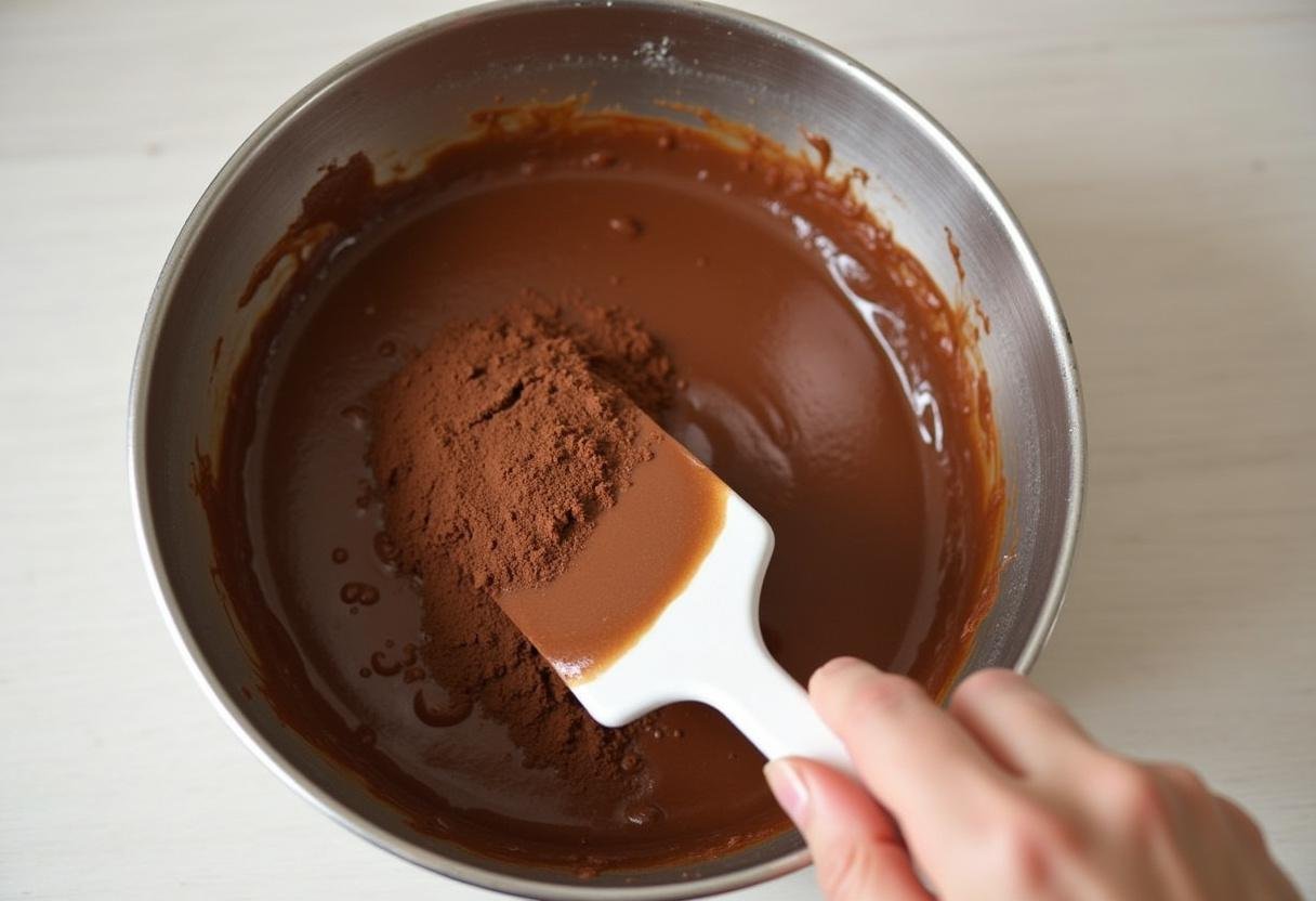Trockene Zutaten werden unter die feuchte Masse für den Marienkäfer-Schokokuchen gehoben.