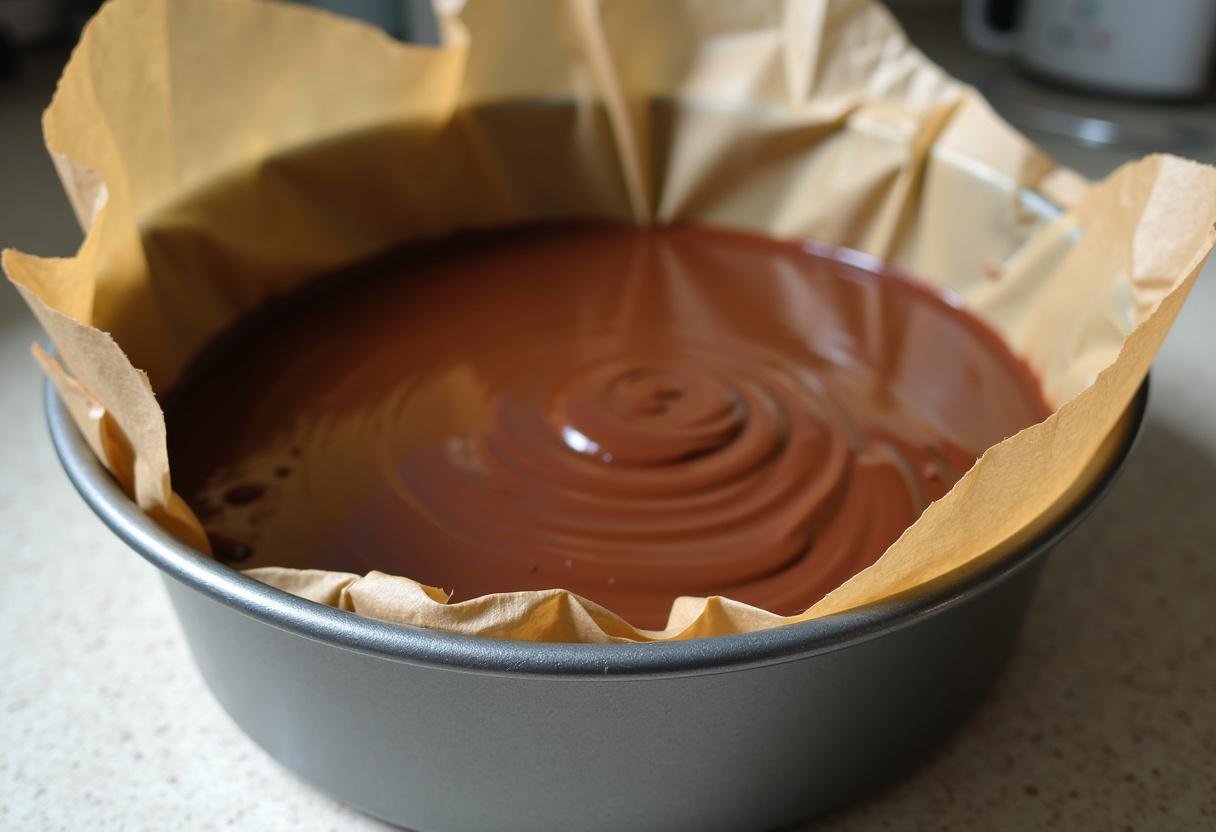 Mit Schokoladenteig gefüllte Kuchenform für den Marienkäfer-Schokokuchen, bereit für den Backofen.