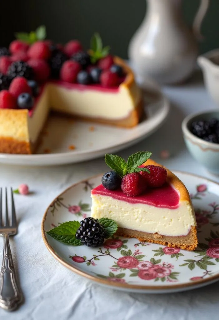 Sliced Mascarpone-Käsekuchen garnished with berries, ideal for dessert presentation.