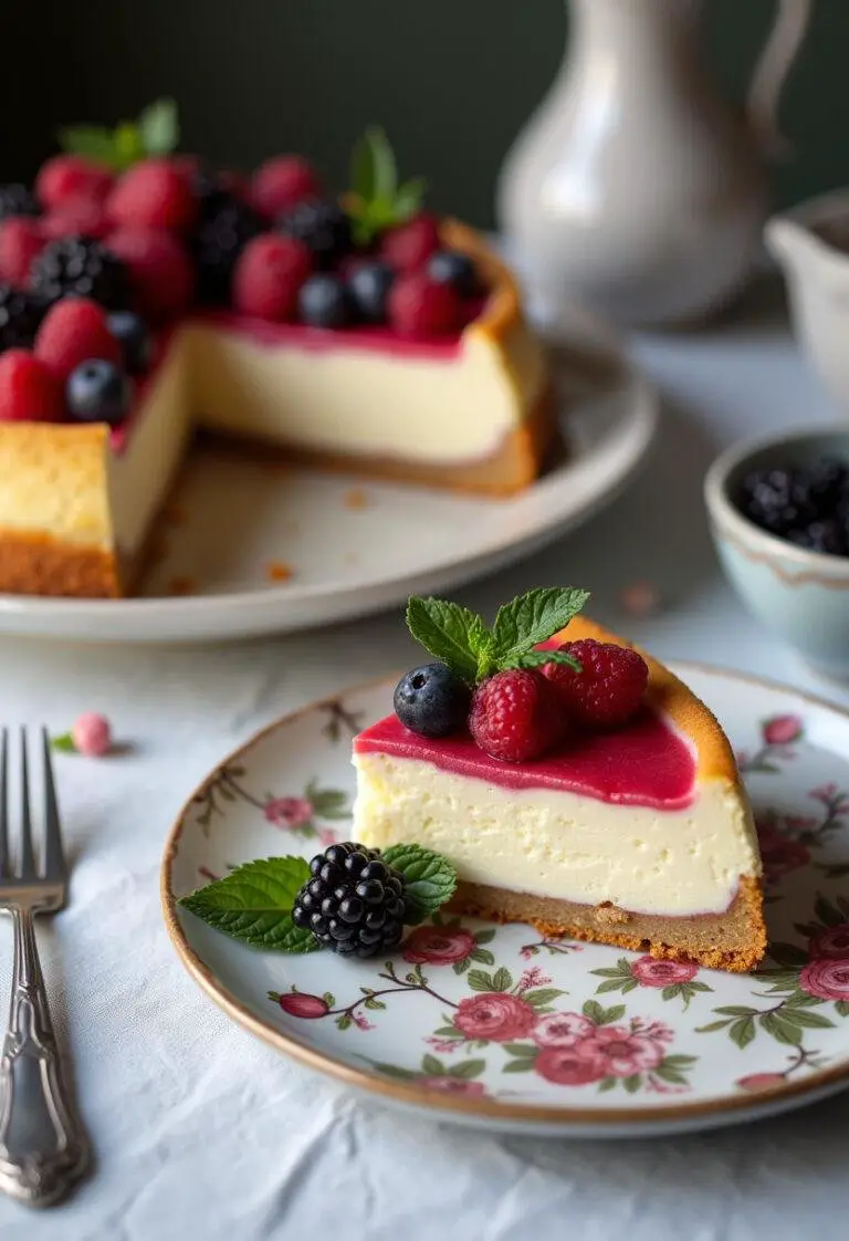 Sliced Mascarpone-Käsekuchen garnished with berries, ideal for dessert presentation.