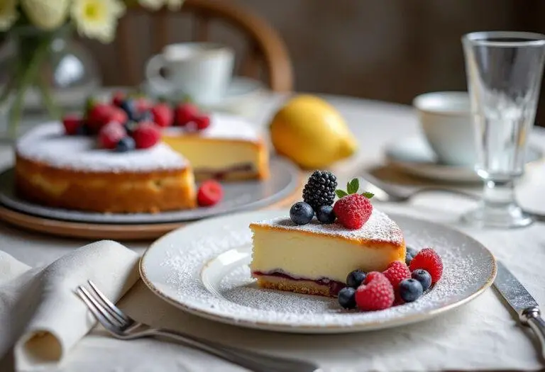 Finished Mascarpone-Käsekuchen with fresh berries and powdered sugar, ready to serve.