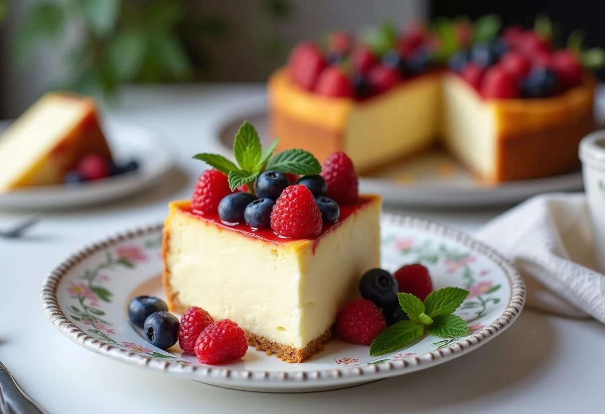 Sliced Mascarpone-Käsekuchen garnished with berries, ideal for dessert presentation.