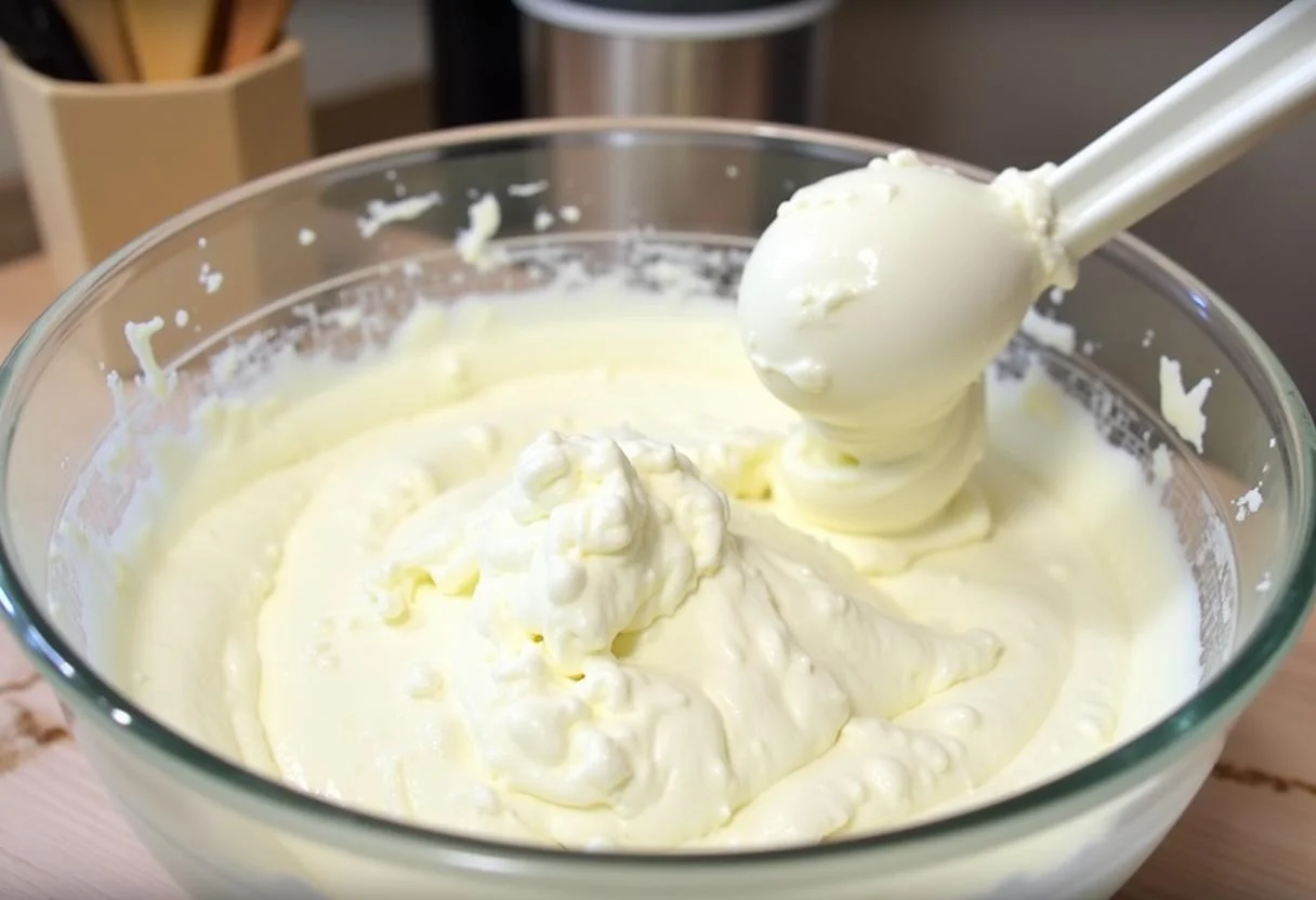 Whipped cream being folded into the mascarpone mixture for Mascarpone-Käsekuchen preparation.