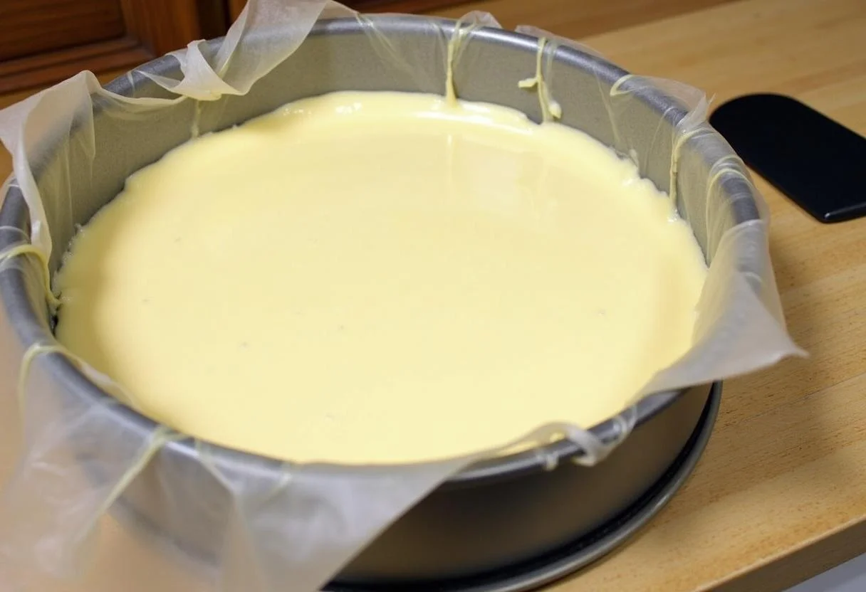 Springform pan with mascarpone mixture for baking a Mascarpone-Käsekuchen.