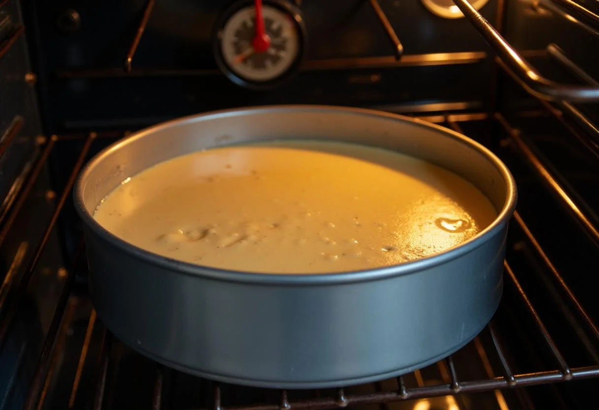 Mascarpone-Käsekuchen batter placed in the oven to bake.