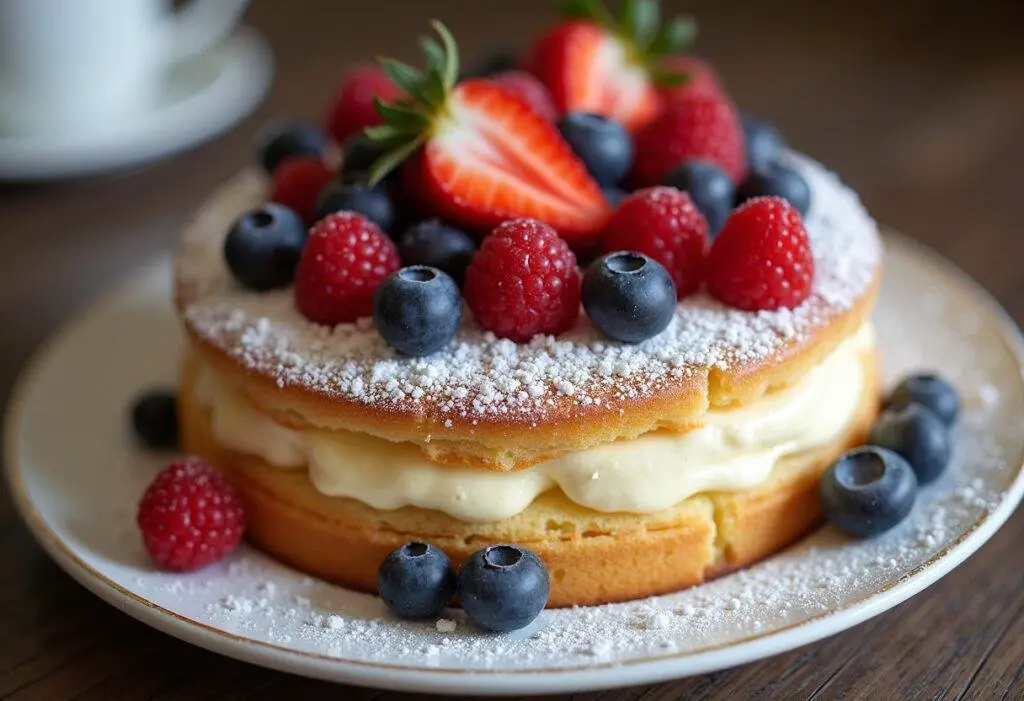 Fertiger Mascarpone-Kuchen mit Puderzucker und frischen Beeren garniert.