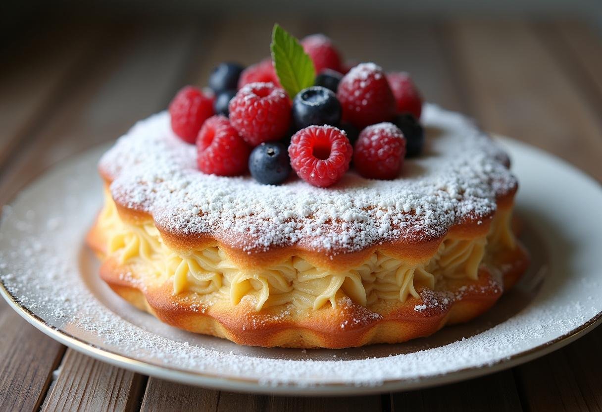 Fertiger Mascarpone-Kuchen mit Puderzucker und frischen Beeren garniert.