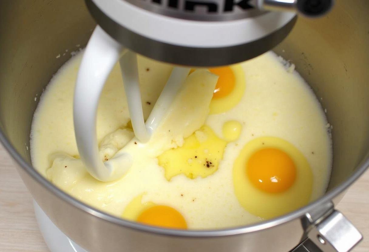 Mascarpone-Käse wird mit Eiern und Vanilleextrakt in einer Küchenmaschine vermischt.