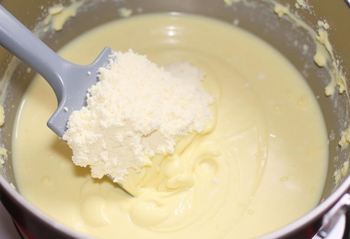 Trockene Zutaten werden vorsichtig unter die Mascarpone-Masse gehoben.