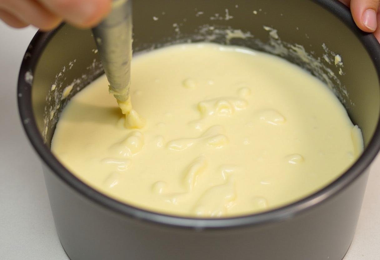 Ein gefettetes Kuchenblech wird mit dem Mascarpone-Teig gefüllt.