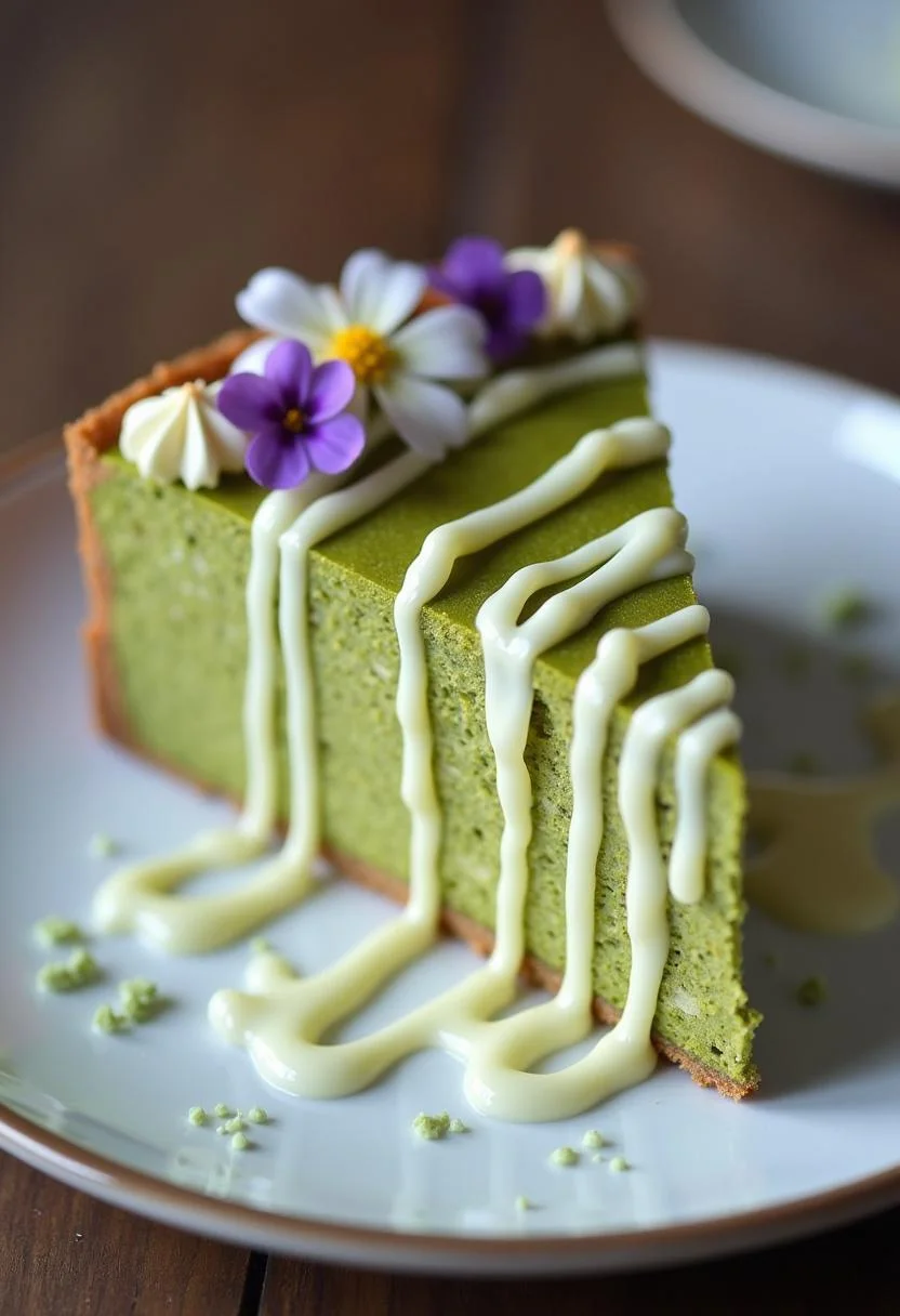 Finished Matcha-Käsekuchen with white chocolate and decorative flowers, perfect for a dessert presentation.