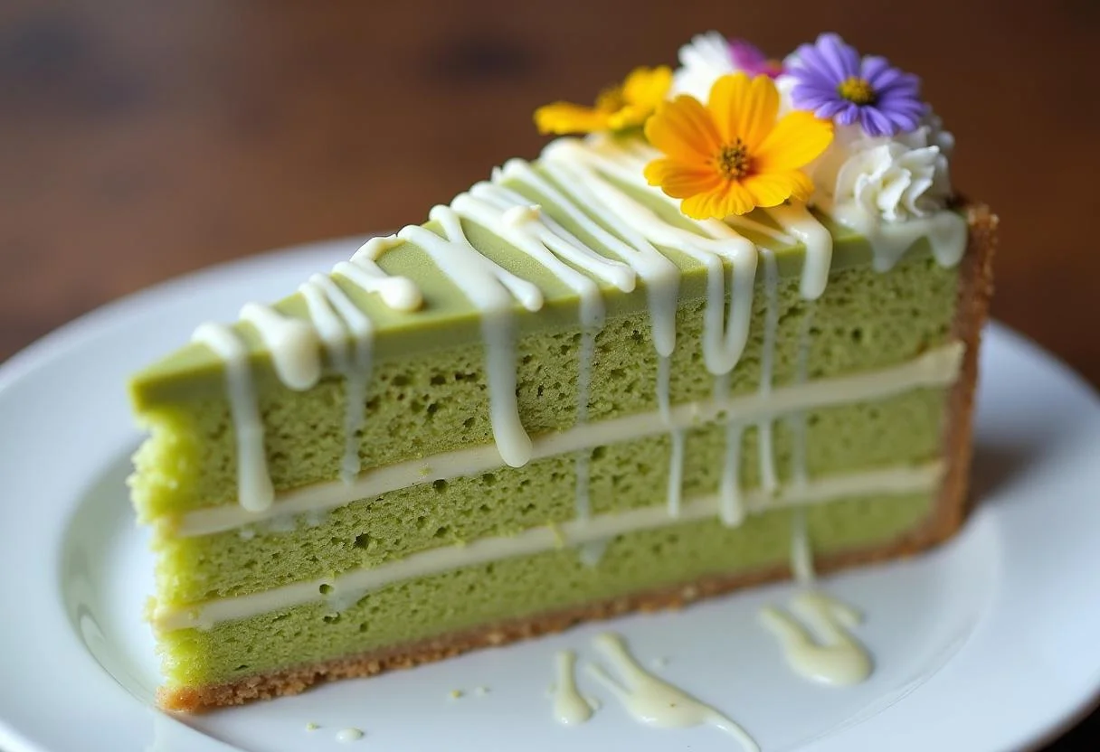 Finished Matcha-Käsekuchen with white chocolate and decorative flowers, perfect for a dessert presentation.