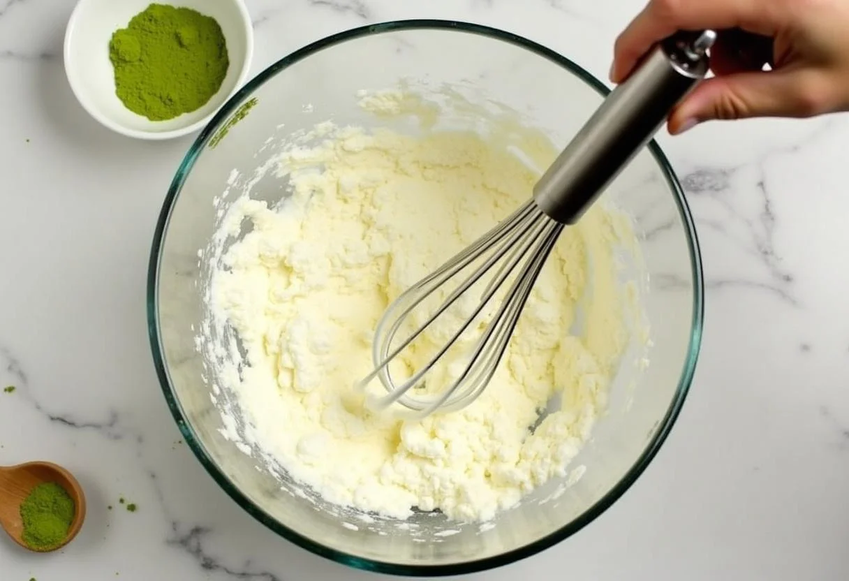 Cream cheese mixture being prepared for Matcha-Käsekuchen with sugar and vanilla.