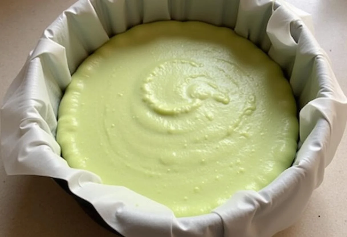 Springform pan filled with Matcha-Käsekuchen mixture, ready to be baked in the oven.