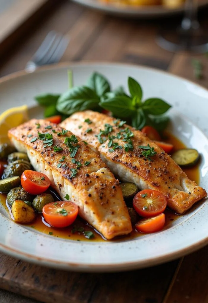 Fertige mediterran gebackene Fischfilets mit Gemüse, ansprechend angerichtet auf einem rustikalen Tisch.