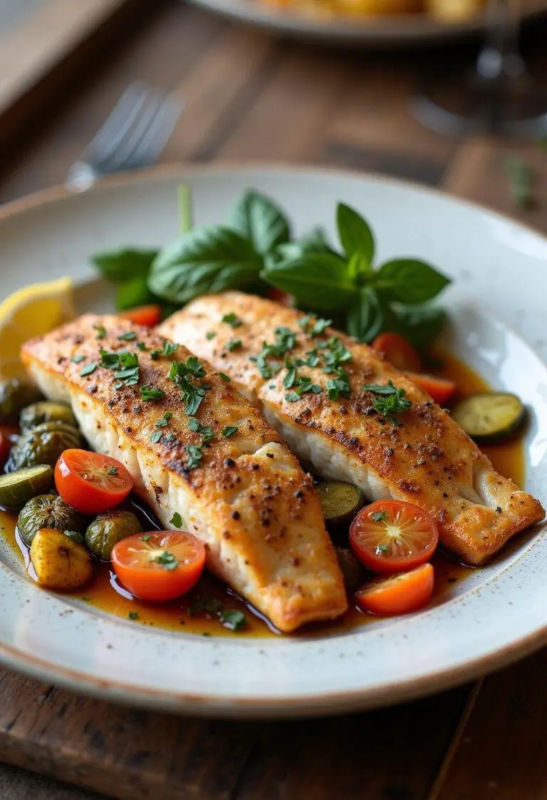 Fertige mediterran gebackene Fischfilets mit Gemüse, ansprechend angerichtet auf einem rustikalen Tisch.