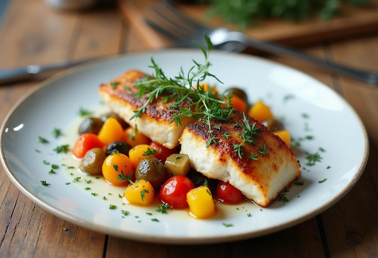 Fertige mediterran gebackene Fischfilets mit Gemüse, ansprechend angerichtet auf einem rustikalen Tisch.