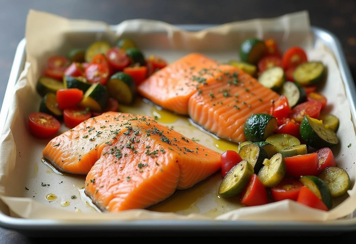 Würzige Fischfilets neben buntem Gemüse auf einem Backblech für mediterran gebackene Fischfilets.