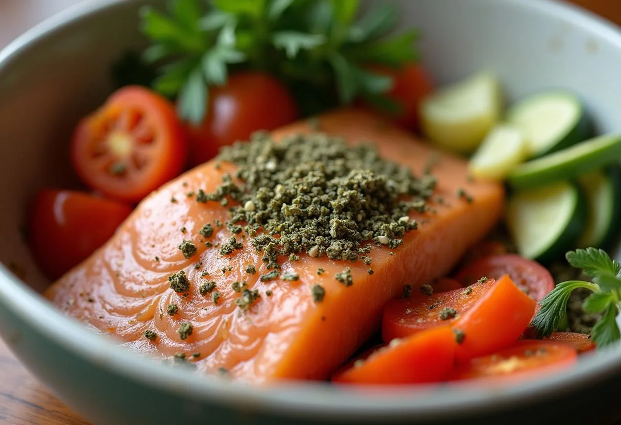 Kräuter und Gewürze für zusätzliche Würze auf Fischfilets und Gemüse für mediterrane Gerichte.