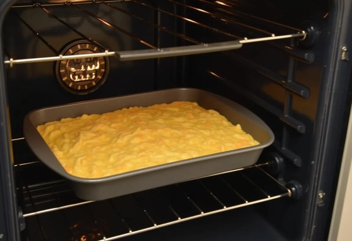 Das Backblech mit Fischfilets und Gemüse, das in den Ofen für das Backen geschoben wird.