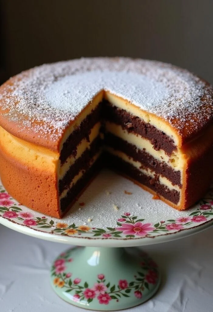 Fertiger Milka-Kuchen auf einem Kuchenständer, perfekt für Feiern.