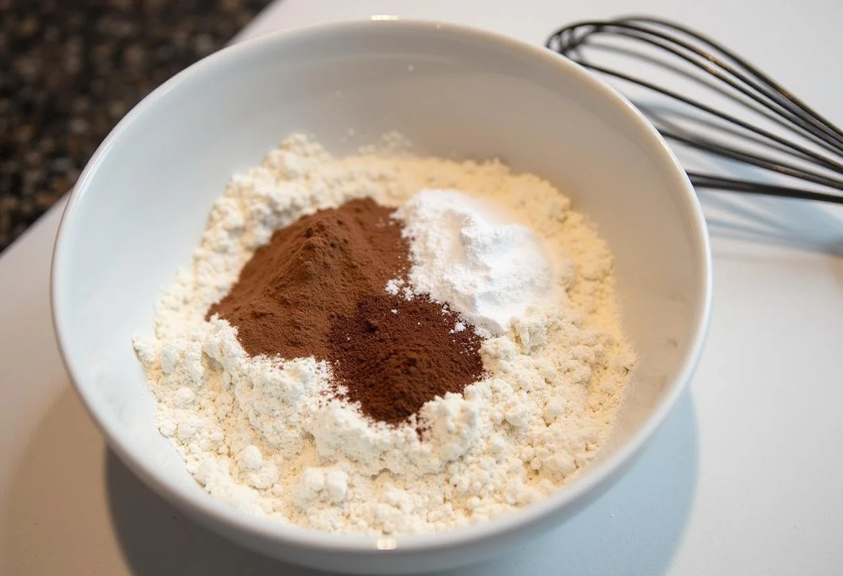 Mehl, Kakaopulver und Backpulver gesiebt für den Milka-Kuchen.