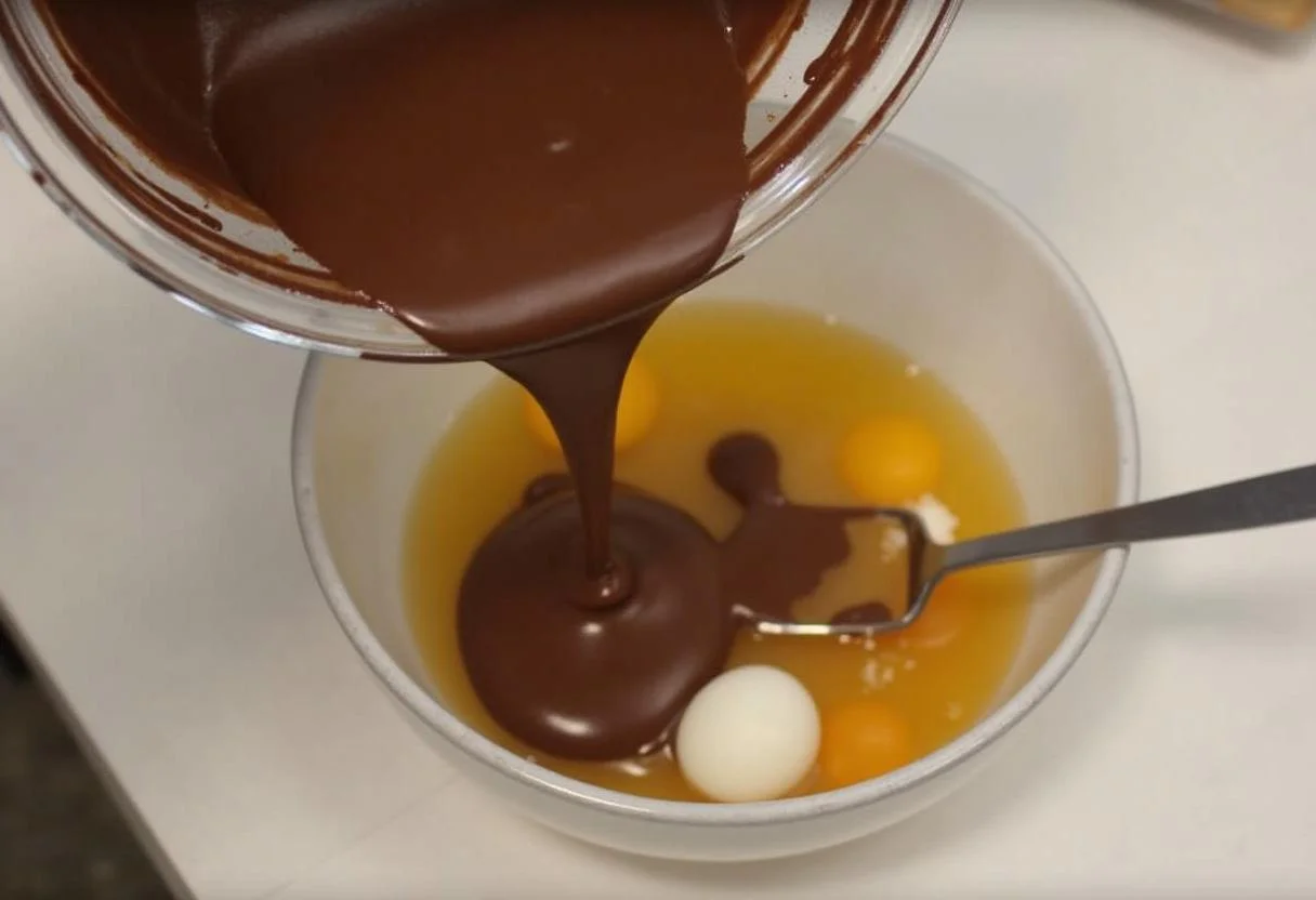 Geschmolzene Milka-Schokolade wird Zucker und Eiern hinzugefügt für Milka-Kuchen.