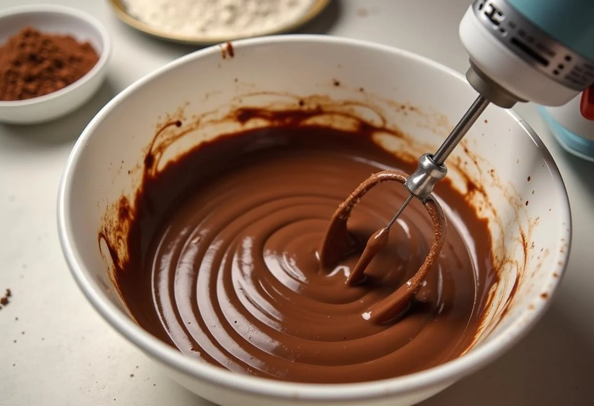 Schokoladenbatter für den Milka-Kuchen wird mit einem elektrischen Mixer vermischt.
