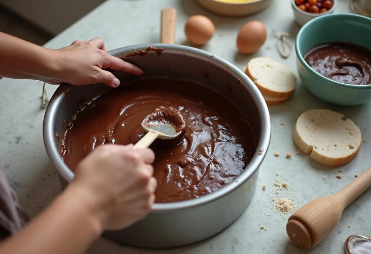 Kuchenform wird mit der Schokoladenbatter für den Milka-Kuchen gefüllt.