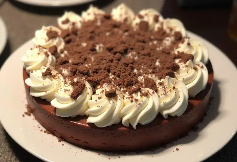Finished No-Bake Kit Kat Kuchen with whipped cream and chocolate shavings, perfect for dessert.