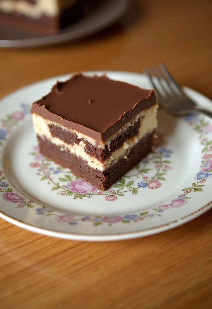 Slice of No-Bake Kit Kat Kuchen showcasing layers and textures, perfect for dessert.