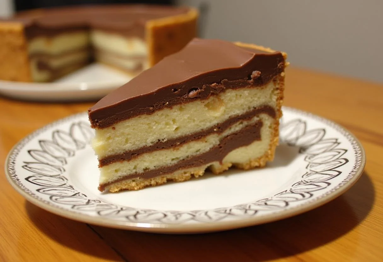 Slice of No-Bake Kit Kat Kuchen showcasing layers and textures, perfect for dessert.