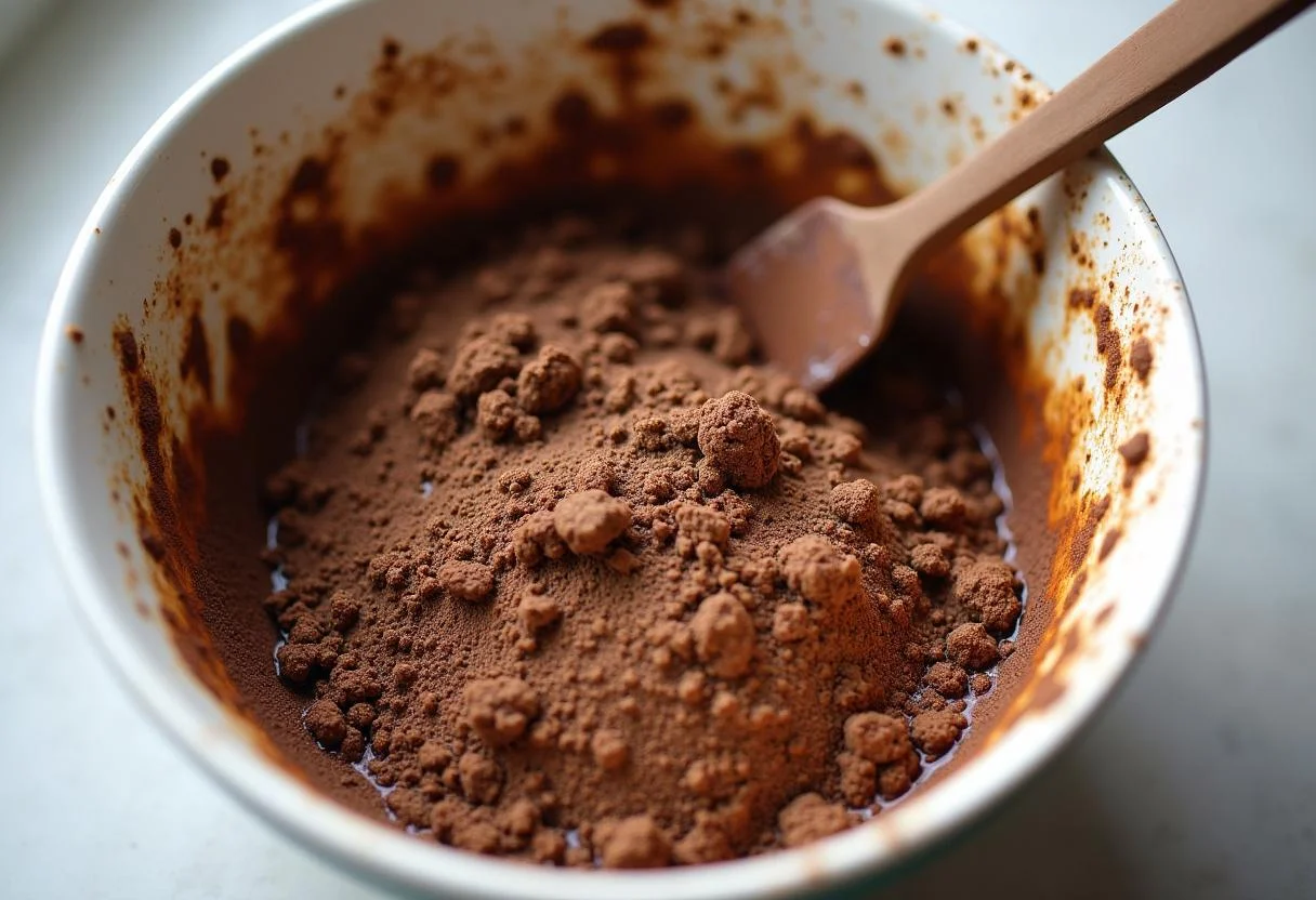 Crushed chocolate wafer cookies and melted butter in a bowl for No-Bake Kit Kat Kuchen crust.