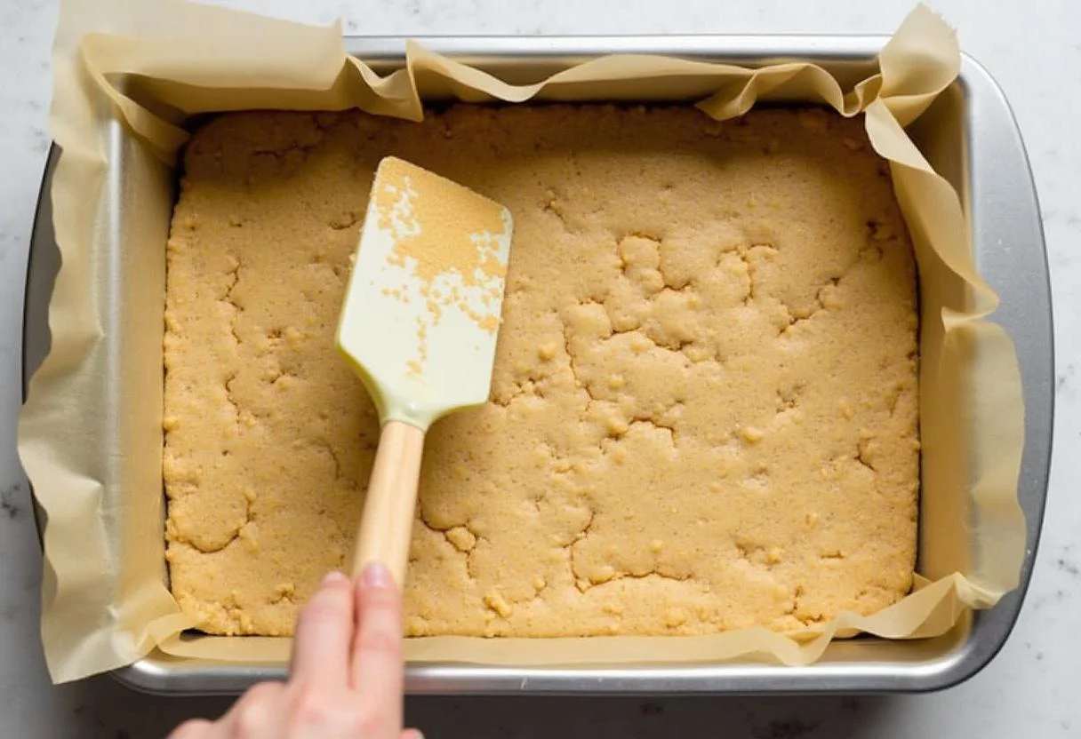 Pressing cookie mixture into a cake pan to create the crust for No-Bake Kit Kat Kuchen.