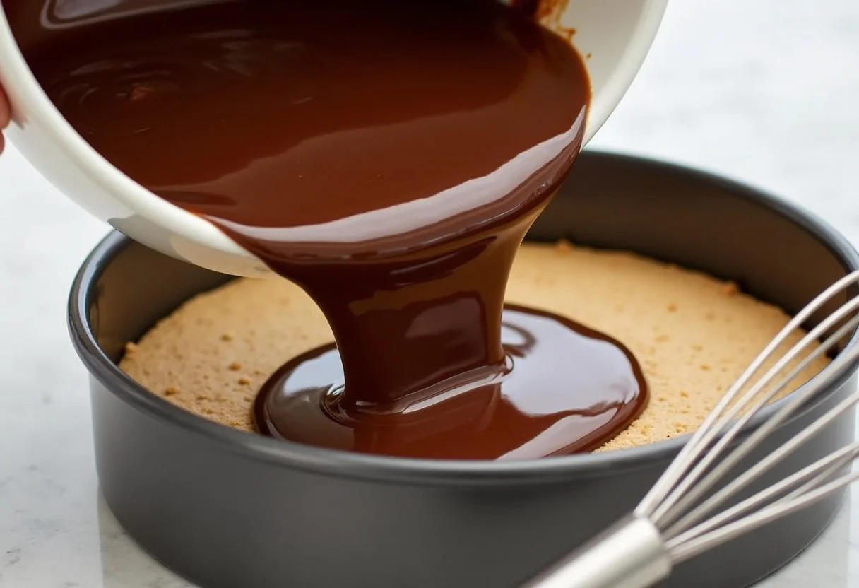 Pouring chocolate ganache over the cookie crust for No-Bake Kit Kat Kuchen.