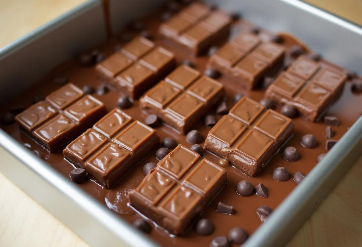 Arranging Kit Kat bars on chocolate ganache for No-Bake Kit Kat Kuchen preparation.
