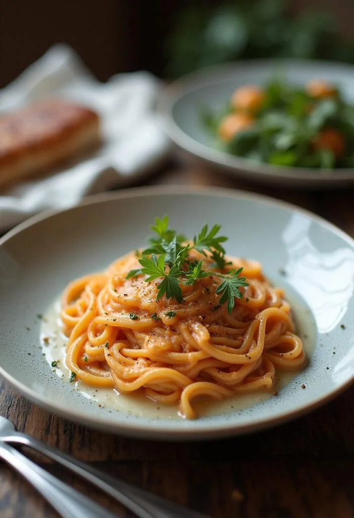 Finished Nudelauflauf mit Lachs und Sahne served with fresh herbs, ideal for a cozy meal.
