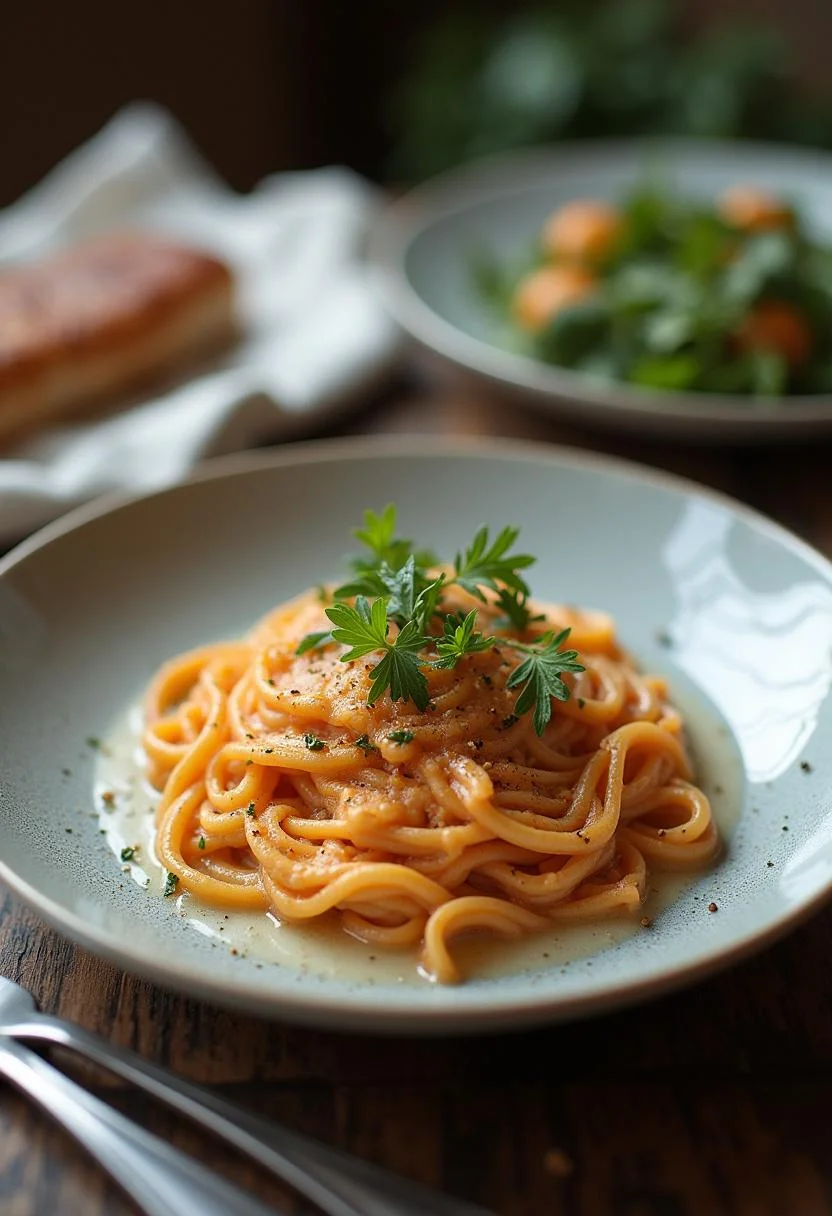 Finished Nudelauflauf mit Lachs und Sahne served with fresh herbs, ideal for a cozy meal.