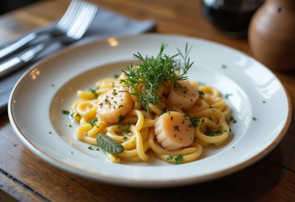 Fertiger Nudelauflauf mit Lachs und Sahne, serviert mit frischen Kräutern, ideal für eine gemütliche Mahlzeit.