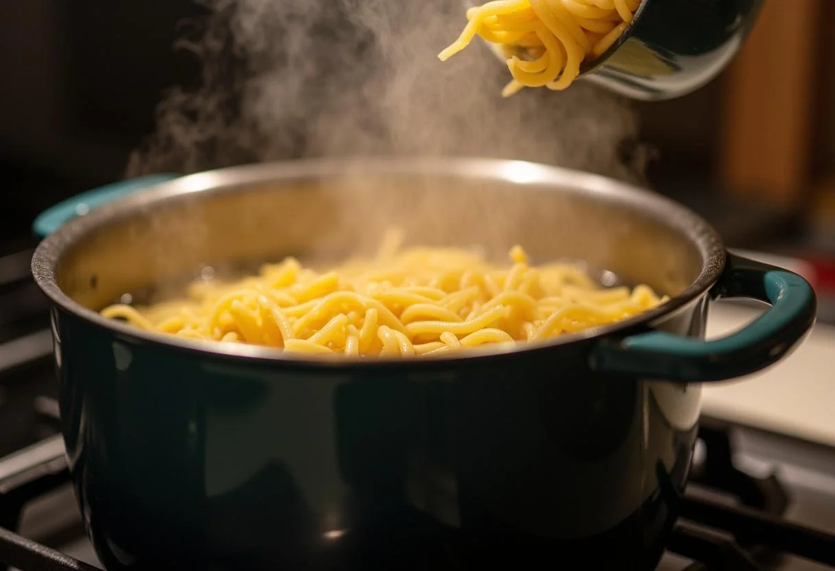 Ungekochte Nudeln werden für Nudelauflauf mit Lachs und Sahne in kochendes Wasser gegeben.
