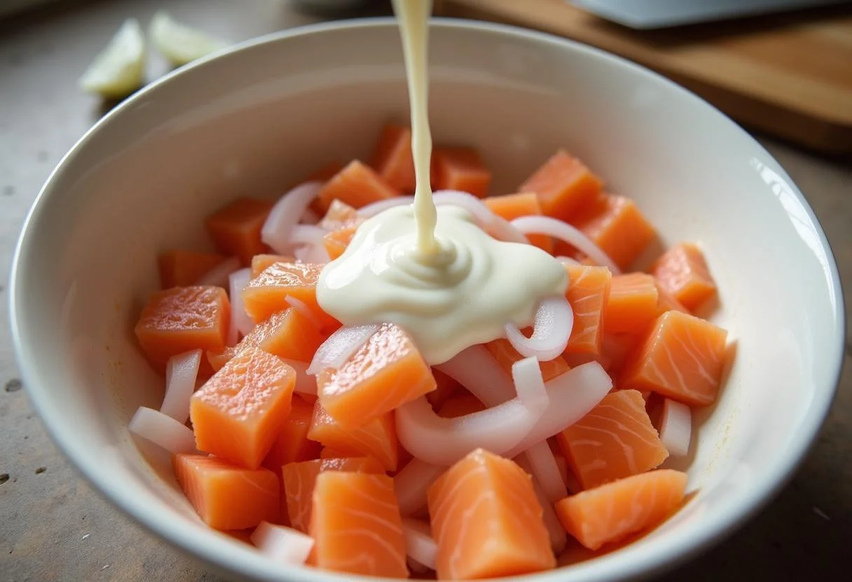 Gewürfelter Lachs und Zwiebeln kombiniert mit Sahne für Nudelauflauf.