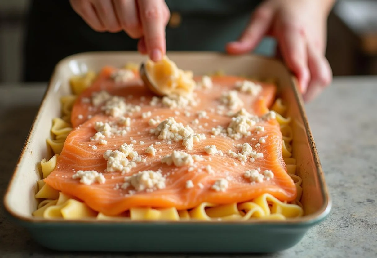 Schichten von Nudeln und Lachsmischung in einer Auflaufform für Nudelauflauf mit Lachs und Sahne.