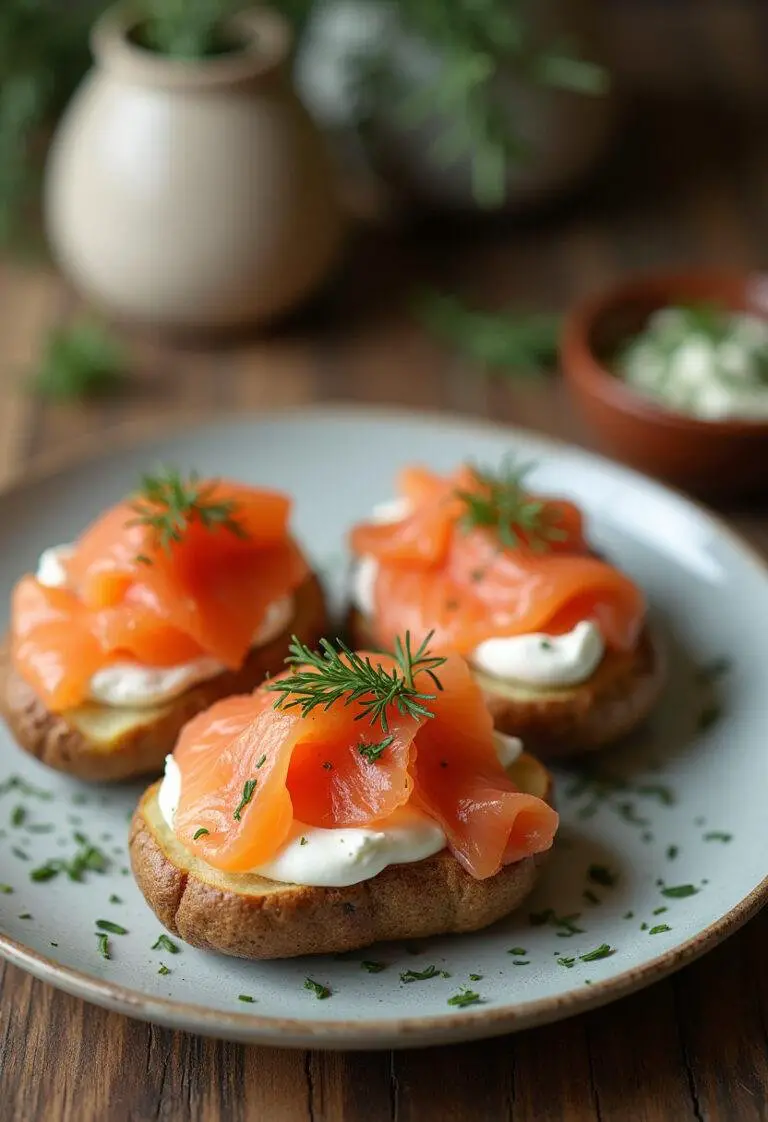 Fertige Ofenkartoffeln mit Räucherlachs, Frischkäse und Kräutern auf einem rustikalen Tisch.
