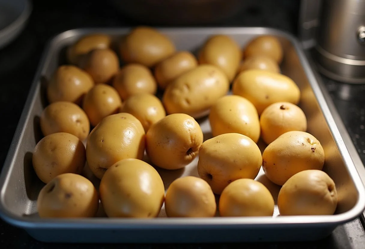 Vorbereitete ganze Kartoffeln auf einem Backblech für Ofenkartoffeln mit Thunfisch und Käse.