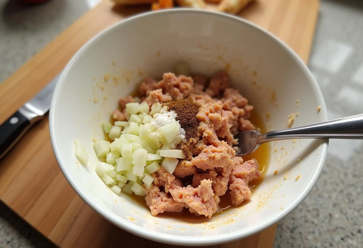 Thunfischmischung in einer Schüssel für Ofenkartoffeln mit Thunfisch und Käse.