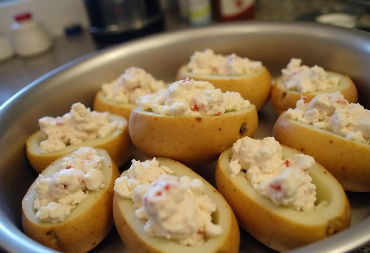 Gefüllte Ofenkartoffeln mit Thunfischmischung vorbereitet für Ofenkartoffeln mit Thunfisch und Käse.